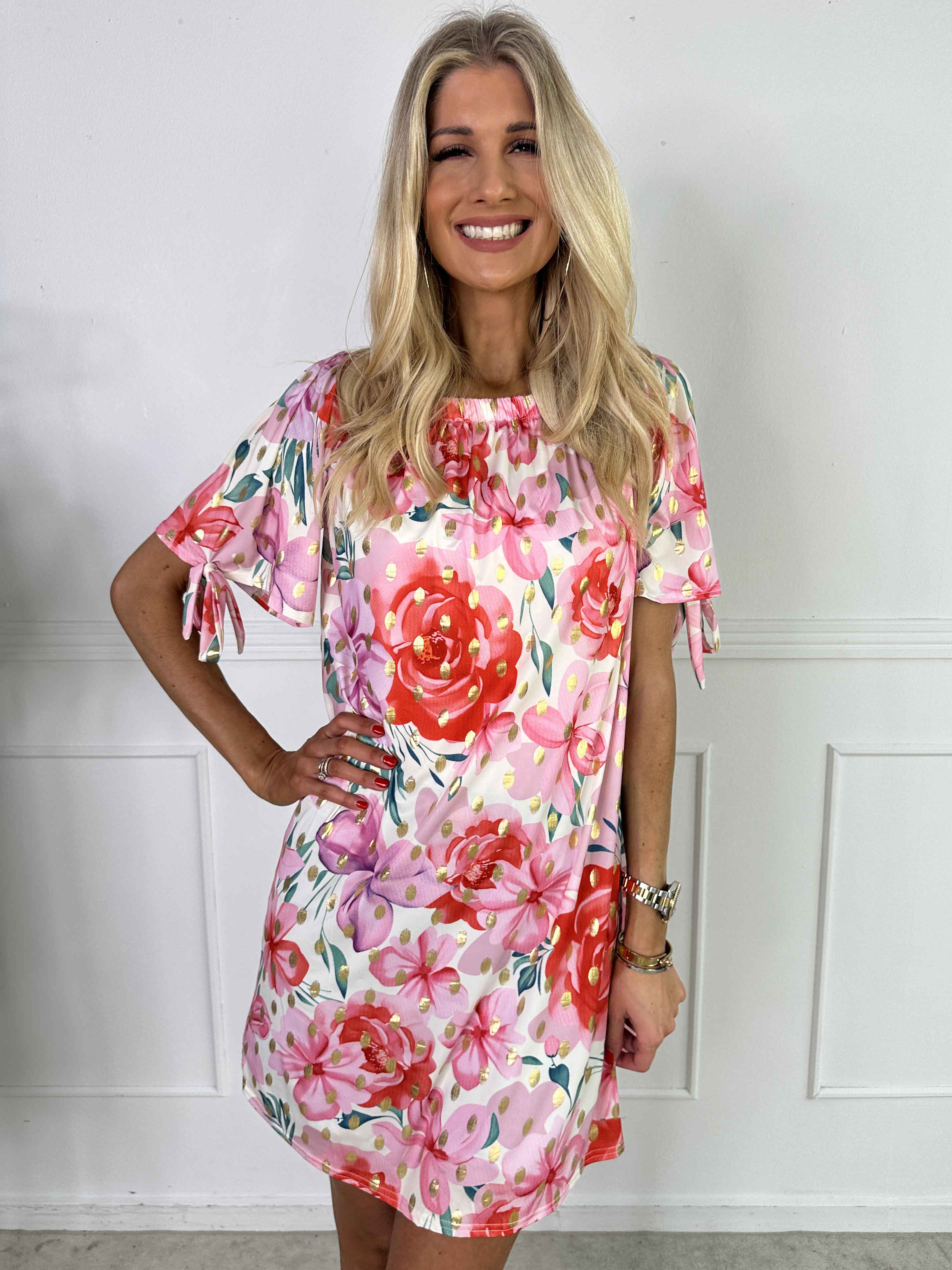 Sofia - Söt blommig klänning med resår i halsen